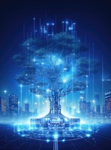 Futuristic tree in digital style against cityscape against blue background