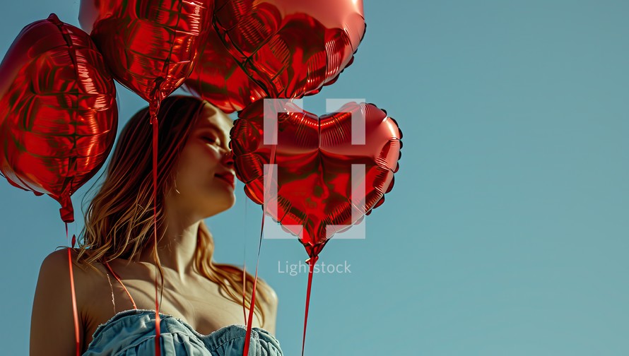 young woman with red heart-shaped balloons on blue sky background
