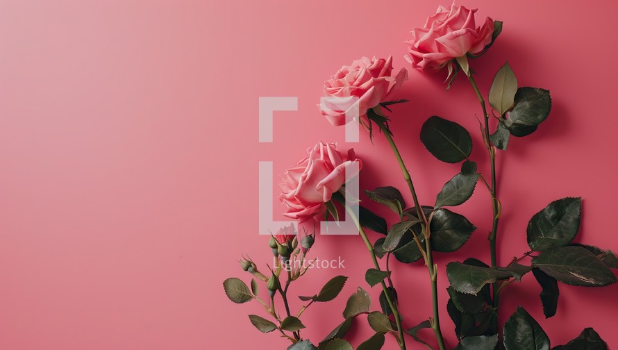Pink roses on pink background. Flat lay, top view, copy space