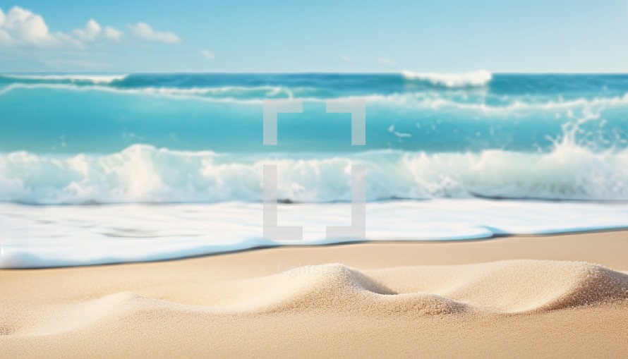 Closeup of sand on beach with turquoise sea and blue sky background