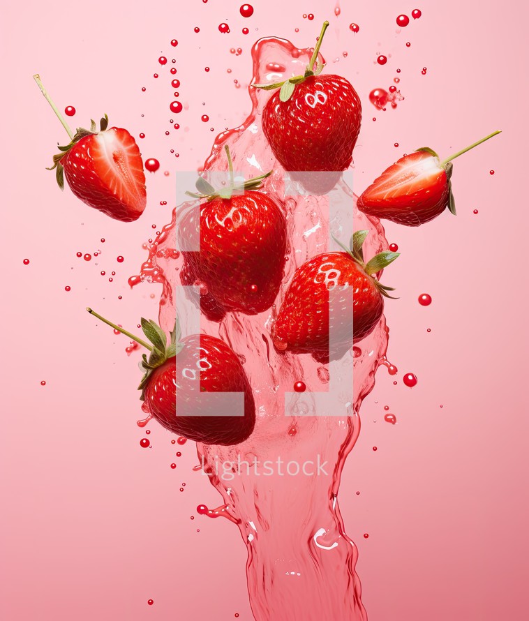 Fresh strawberries falling into water with splash, isolated on pink background.