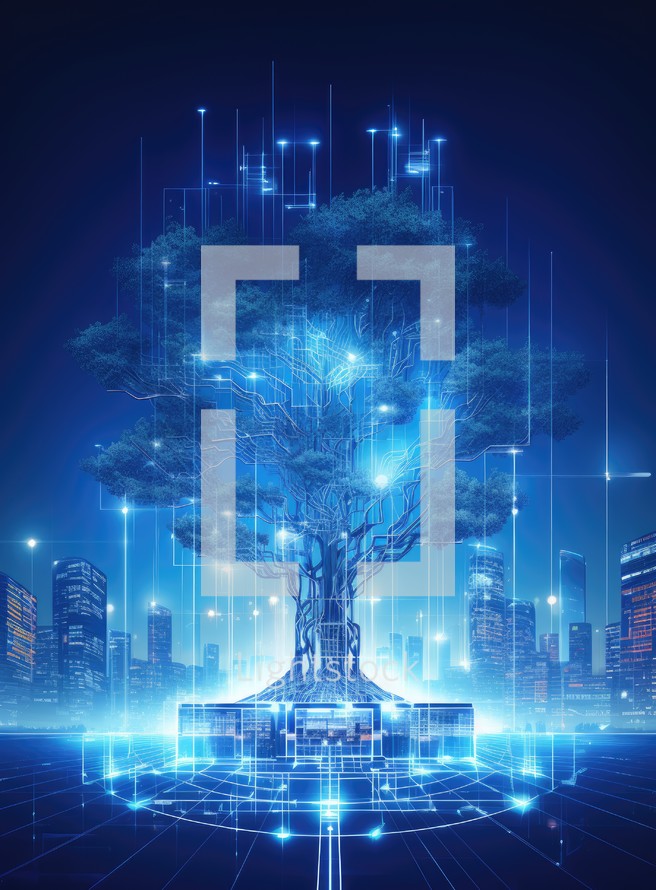 Futuristic tree in digital style against cityscape against blue background