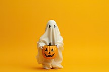 Halloween holiday concept. Funny ghost in white costume with pumpkin on orange background