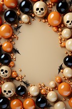 Halloween background with pumpkins, spiders and orange beads. 3d illustration