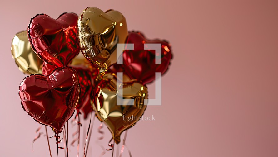 Valentine's Day concept with red and gold heart-shaped balloons