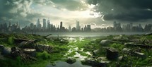 Dramatic sky over the city. Panoramic illustration.