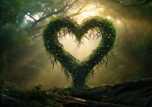 Heart shaped tree in the forest with misty background. Love concept.