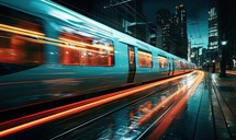 High speed train in the city at night. Shallow DOF