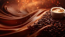 Cup of coffee and coffee beans on the background of dark chocolate