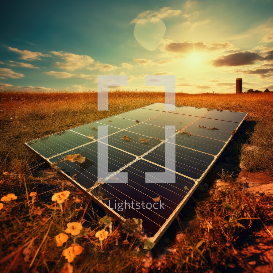 solar energy panels in a field at sunset