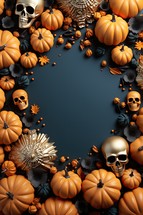Halloween background with pumpkins and skulls. 3d render.