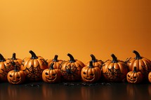 Halloween pumpkins and spiders on orange background. 3d illustration