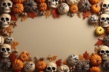 Halloween background with pumpkins and autumn leaves. Copy space.
