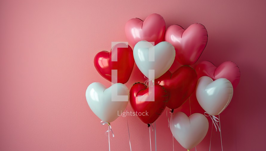 Valentine's Day background with heart shaped balloons on pink wall