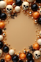 Halloween background with black, orange and white skulls and spiders. 3d illustration