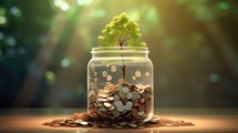 Tree growing from coins in glass jar with bokeh background.