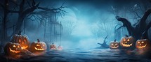 Halloween background with scary pumpkins in foggy forest. 3D rendering