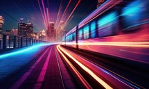 Train moving in the city at night. Concept of speed and motion.