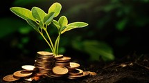 Investment concept, Coins stack with green plant growing from pile of coins