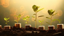 Growing plant on coins with bokeh background, business and finance concept