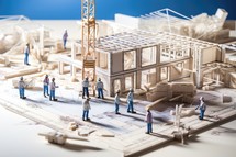 Miniature people engineer working on construction site. Engineering and architecture concept.
