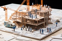 Miniature of construction site. Engineer and architect working on blueprint.