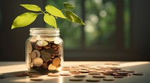 Coins in a glass jar with a plant growing on top. Saving money concept.