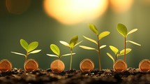 Investment concept, Coins growing on green background with bokeh