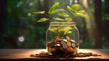 Coins in glass jar with plant on wooden table. Saving concept
