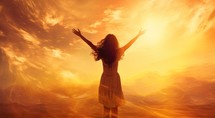 Silhouette of happy young woman with hands up on sunset sky background
