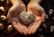 Hands holding a heart in the form of a stone in the form of a flower