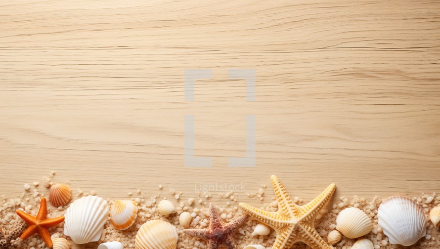 Seashells and starfish on wooden background with copy space