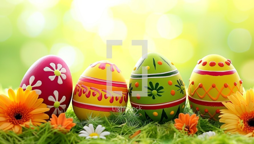 Colorful Easter eggs on green grass with flowers in the background. Easter concept with painted eggs and spring flowers.