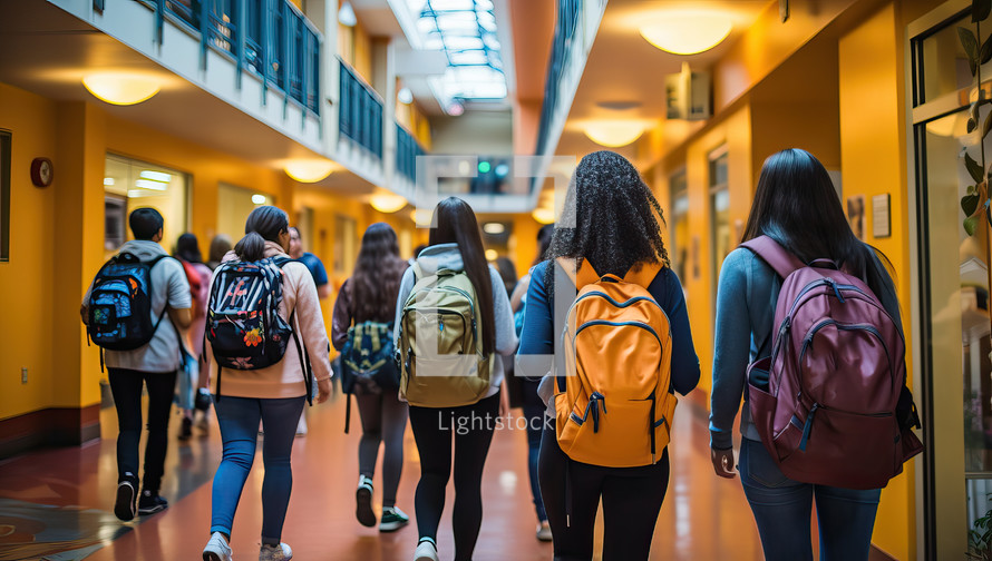 Group of students with backpacks walking in corridor of school or university