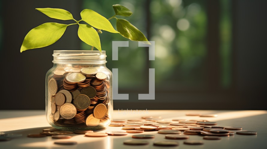 Coins in a glass jar with a plant growing on top. Saving money concept.