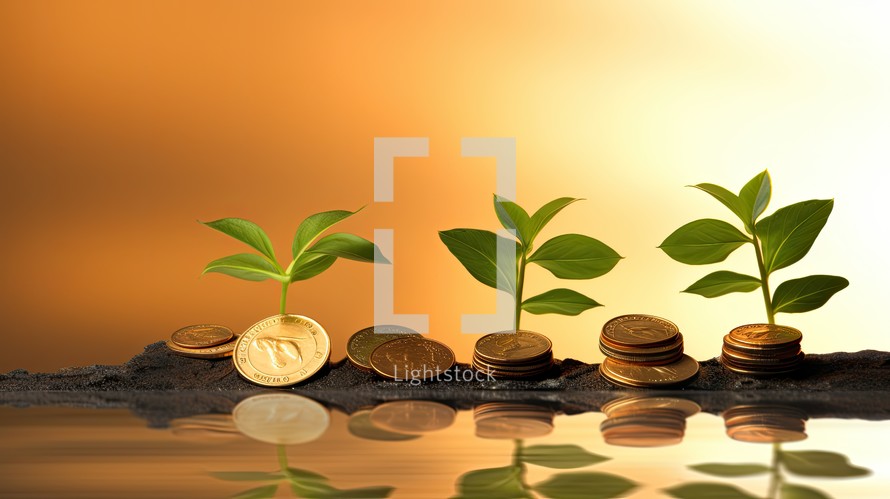 Green seedling growing from pile of coins. Investment and finance concept.