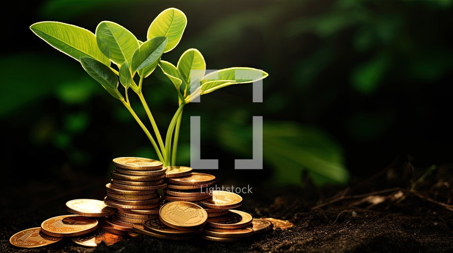 Investment concept, Coins stack with green plant growing from pile of coins
