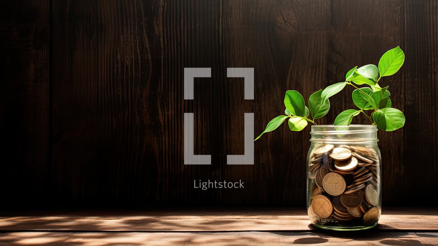 Coins in glass jar with green plant on wooden background. Saving concept.