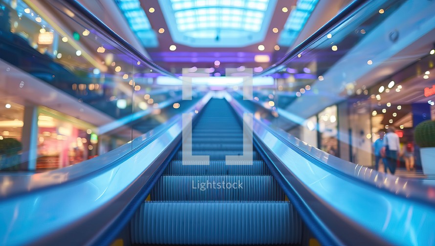 Escalator leading upwards in colorful shopping mall