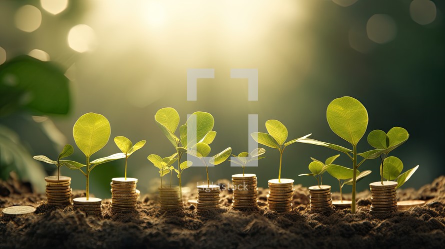 Plant growing on coins with bokeh background, Money growth concept