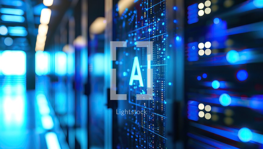 Glowing AI letters on server rack in data center