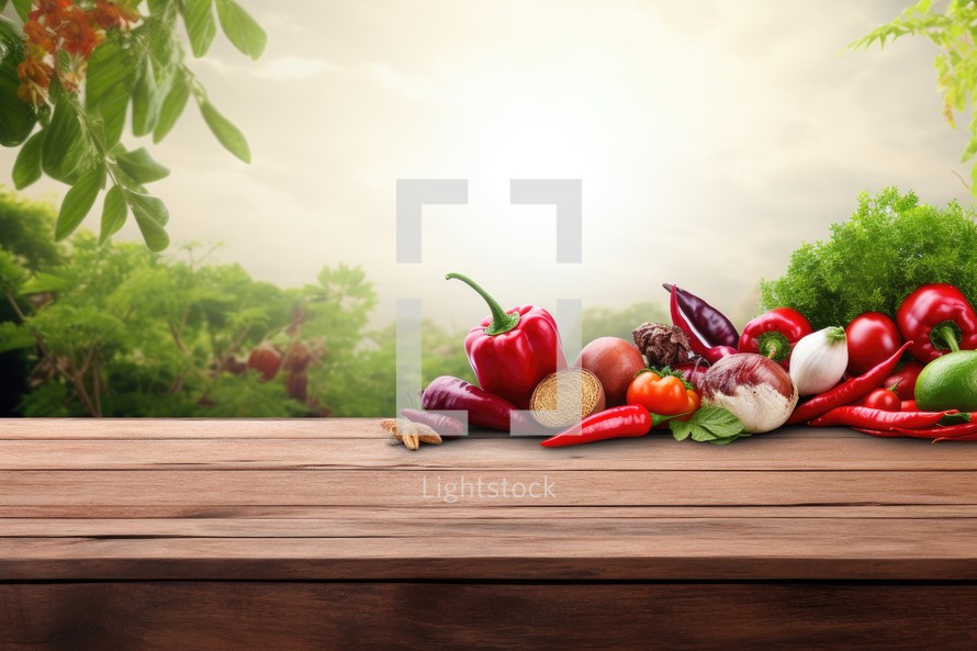 Wooden table with fresh vegetables on nature background. Healthy food concept