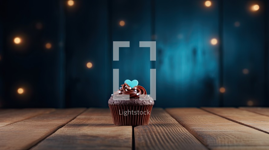 Chocolate cupcake on wooden table against bokeh lights background