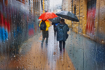 people with an umbrella in the city in rainy days in winter season
