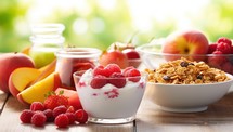 Healthy breakfast with muesli, yogurt and fresh fruits.
