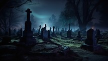 Gravestones in the cemetery at night. Halloween concept. 