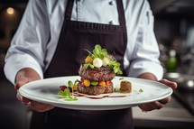 Chef holding a plate of beef tenderloin steak with salad
