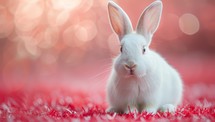Cute white rabbit on red background with bokeh effect.