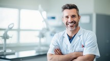 Portrait of smiling male dentist standing with arms crossed in dental clinic