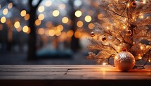 Christmas background with wooden table, bokeh lights and Christmas tree